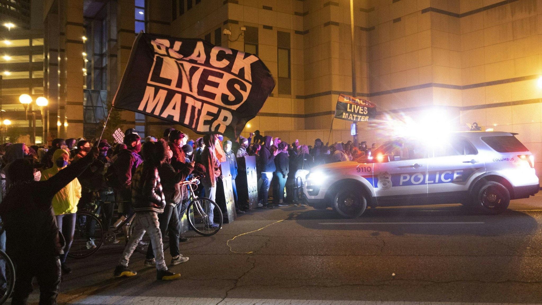 COLUMBUS, OH - APRIL 20: Black Lives Matter activists confront Columbus Police outside of Columbus Police headquarters during a protest in reaction to the shooting of Makiyah Bryant on April 20, 2021 in Columbus, Ohio. Columbus Police Shot and killed Makiyah Bryant, 16 years old, on April 20, 2021 sparking outrage from the community.