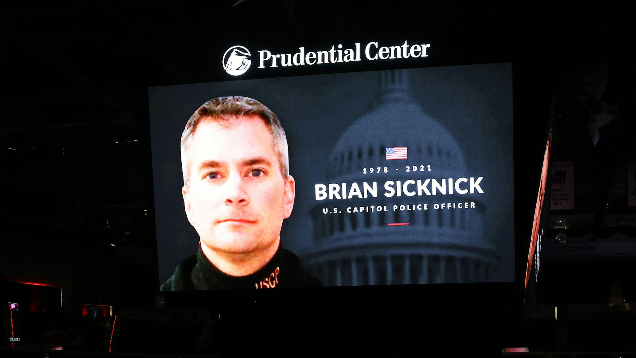 NEWARK, NEW JERSEY - JANUARY 14: The New Jersey Devils honor slain Capitol police officer and New Jersey native Brian Sicknick before the game between the New Jersey Devils and the Boston Bruins during the home opening game at Prudential Center on January 14, 2021 in Newark, New Jersey.