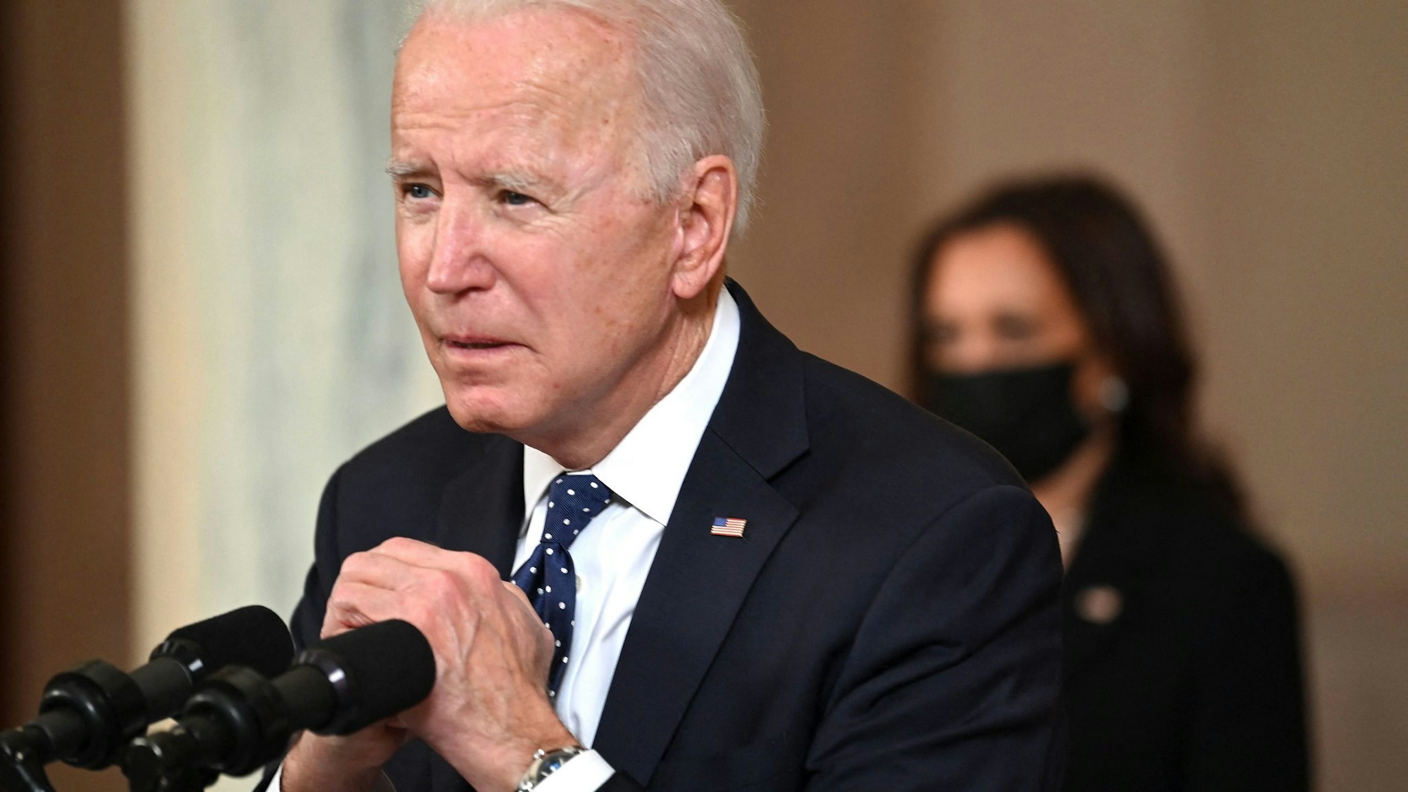 US President Joe Biden gestures as he delivers remarks on the guilty verdict against former policeman Derek Chauvin at the White House in Washington, DC, on April 20, 2021. - Derek Chauvin, a white former Minneapolis police officer, was convicted on April 20 of murdering African-American George Floyd after a racially charged trial that was seen as a pivotal test of police accountability in the United States.