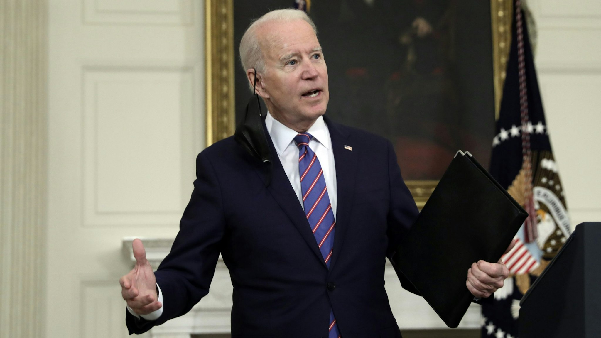 U.S. President Joe Biden answers a question from a member of the media after speaking in the State Dining Room of the White House in Washington, D.C., U.S., on Friday, April 2, 2021. U.S. employers added the most jobs in seven months with improvement across most industries in March, as more vaccinations and fewer business restrictions supercharged the labor market recovery.