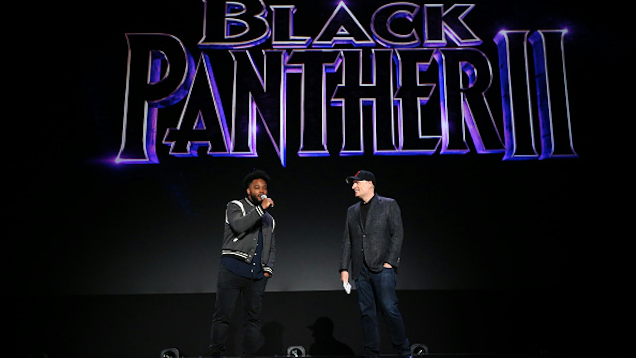 ANAHEIM, CALIFORNIA - AUGUST 24: (L-R) Ryan Coogler of 'Black Panther 2' and President of Marvel Studios Kevin Feige took part today in the Walt Disney Studios presentation at Disney’s D23 EXPO 2019 in Anaheim, Calif. 'Black Panther 2' will be released in U.S. theaters on May 6, 2020.