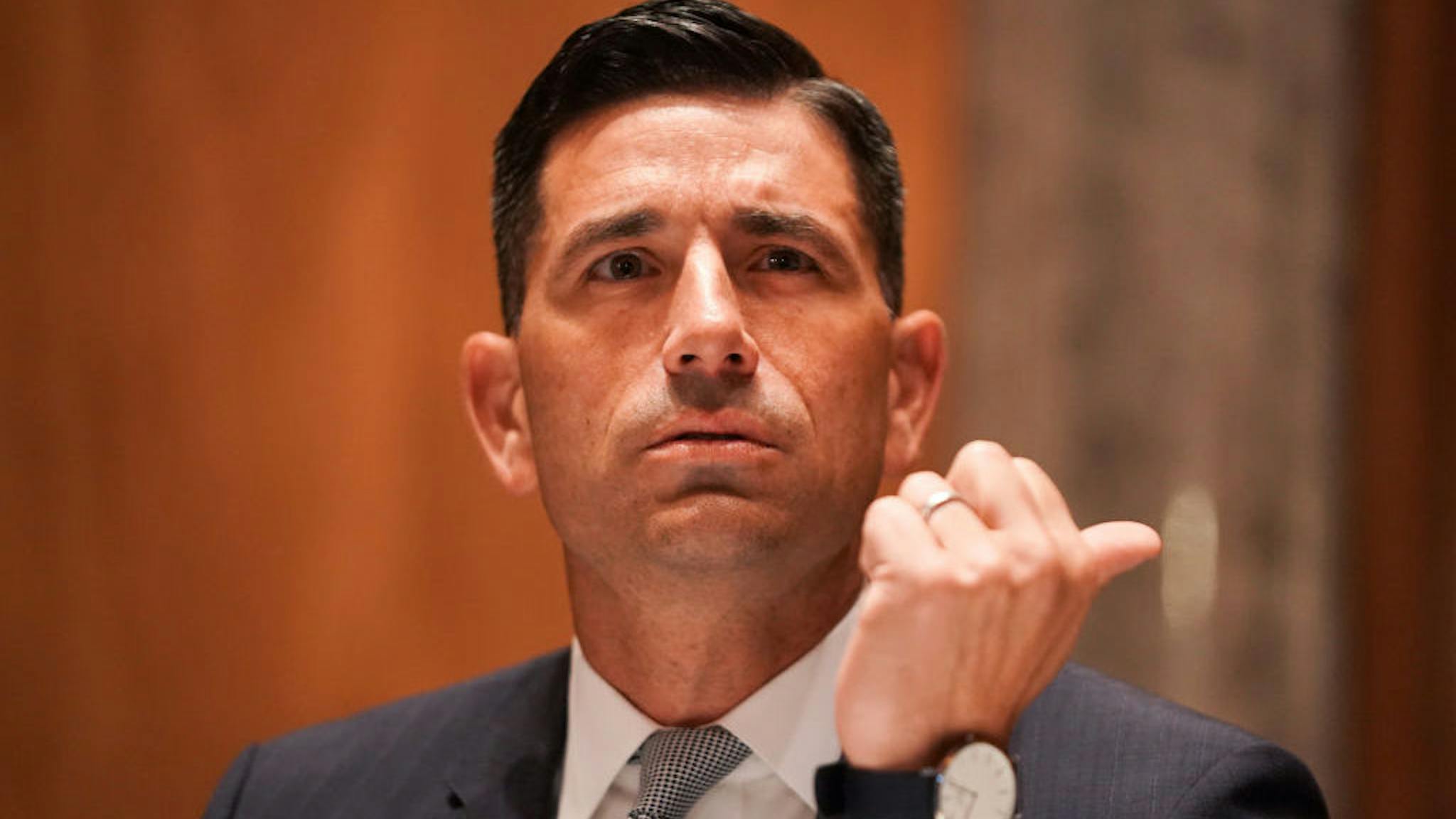 Chad Wolf WASHINGTON, DC - SEPTEMBER 23: Department of Homeland Security acting Secretary looks on prior to his confirmation hearing before the Senate Homeland Security and Governmental Affairs Committee o on September 23, 2020 in Washington, DC. (Photo by Greg Nash-Pool/Getty Images)