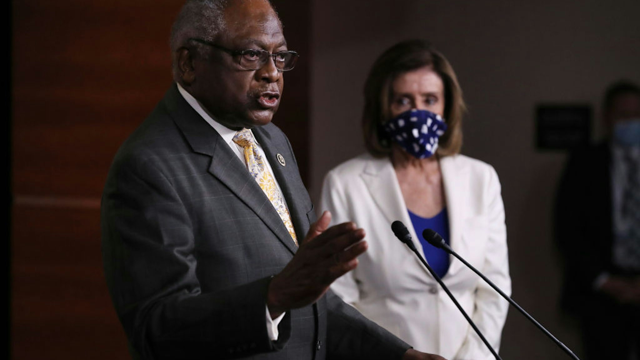 WASHINGTON, DC - APRIL 30: House Majority Whip James Clyburn (D-SC) answers reporters' questions during a news conference with Speaker of the House Nancy Pelosi (D-CA) at the U.S. Capitol April 30, 2020 in Washington, DC. While she and Democratic House leaders are not going to reconvene next week due to the COVID-19 pandemic, she said committee chairs are working on the next piece of economic rescue legislation.