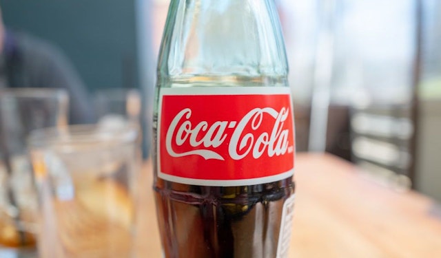 Close-up of logo for Coca Cola on glass bottle in a restaurant setting, Walnut Creek, California, March 4, 2021. (Photo by Smith Collection/Gado/Getty Images)