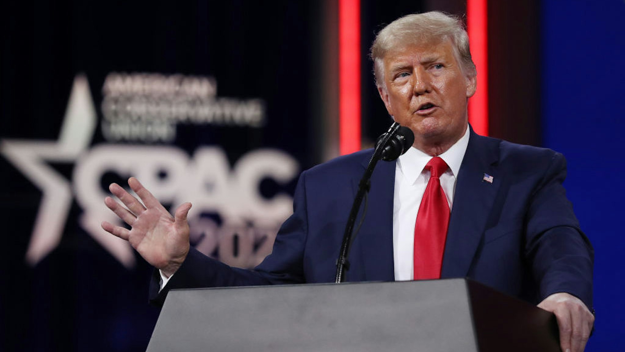 ORLANDO, FLORIDA - FEBRUARY 28: Former U.S. President Donald Trump addresses the Conservative Political Action Conference (CPAC) held in the Hyatt Regency on February 28, 2021 in Orlando, Florida. Begun in 1974, CPAC brings together conservative organizations, activists, and world leaders to discuss issues important to them. (Photo by Joe Raedle/Getty Images)