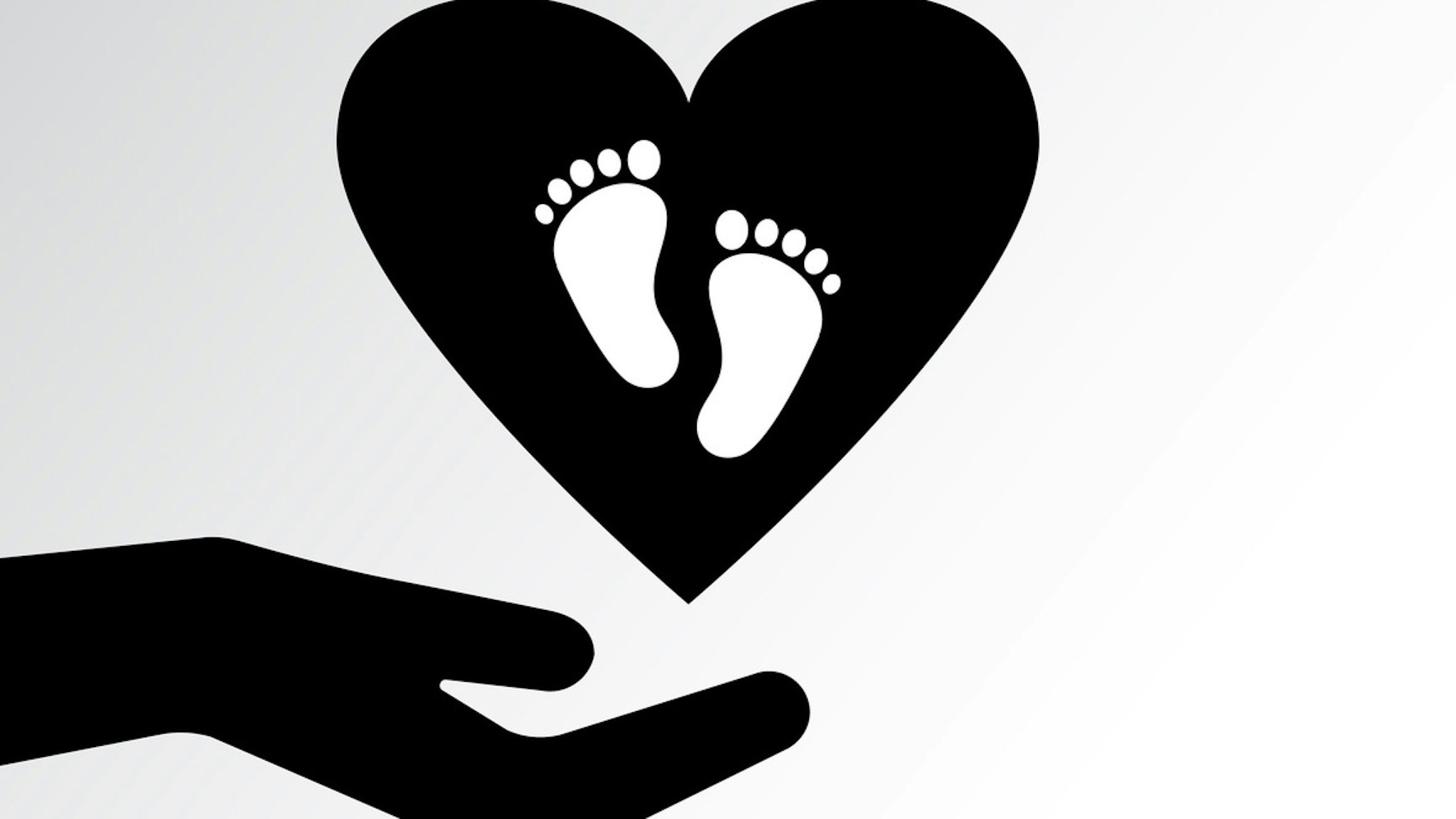 Family icon. Pregnancy sign. Caring for a child. Two hands protect the heart with footprints. Vector illustration - stock vector Family icon. Pregnancy sign. Caring for a child. Two hands protect the heart with footprints. Vector illustration