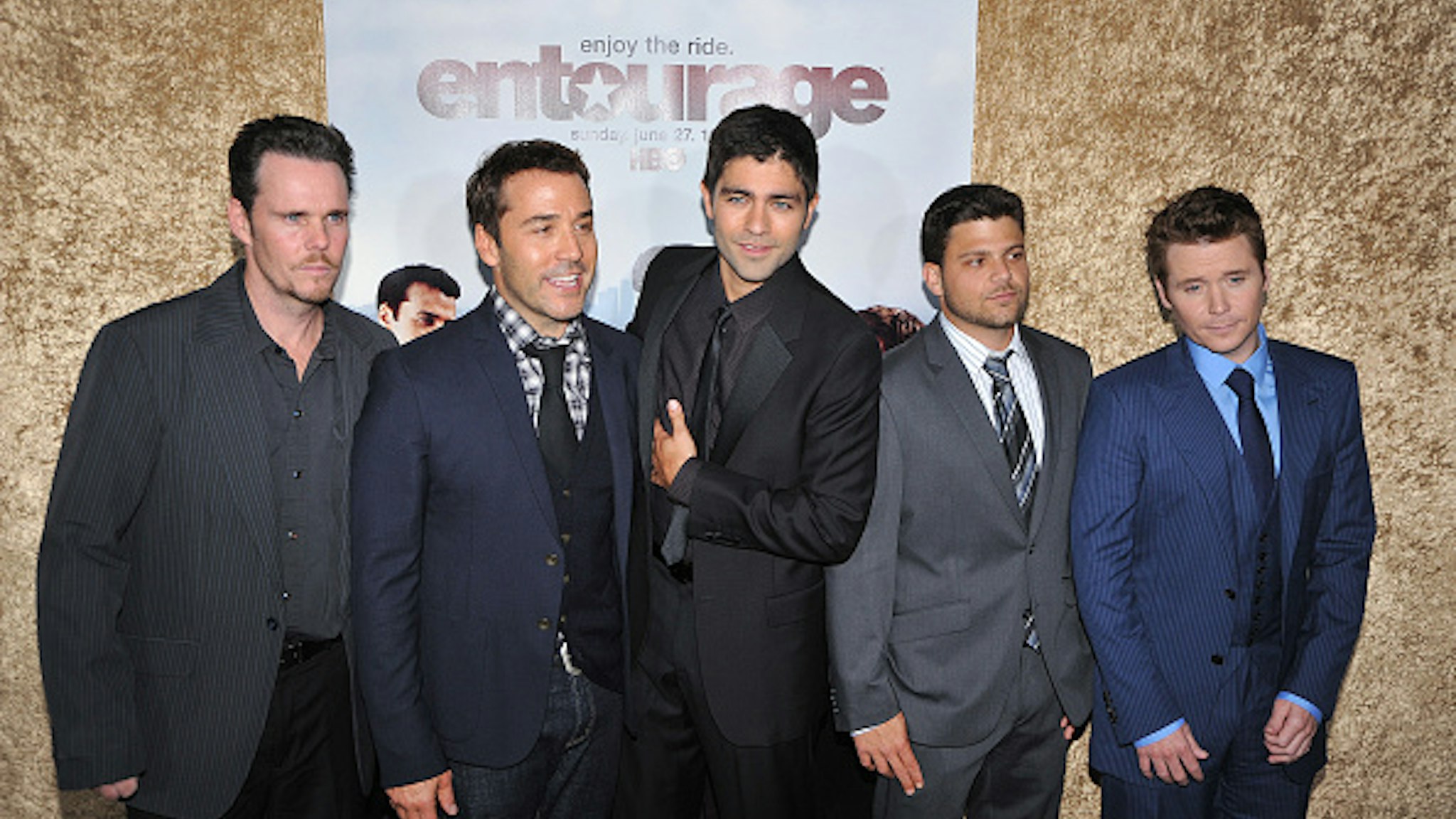 (L-R) Actors Kevin Dillon, Jeremy Piven, Kevin Connolly, Jerry Ferrara and Adrian Grenier arrive at HBO's "Entourage" Season 7 premiere held at the Paramount Theater on the Paramount Studio lot.
