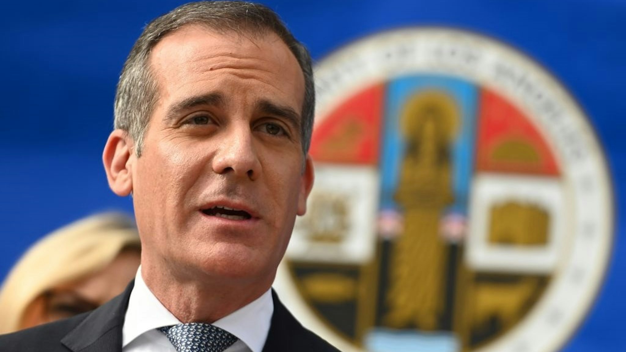 Los Angeles Mayor Eric Garcetti speaks at a Los Angeles County Health Department press conference on the novel coronavirus, (COVID-19)on March 4, 2020 in Los Angeles, California.