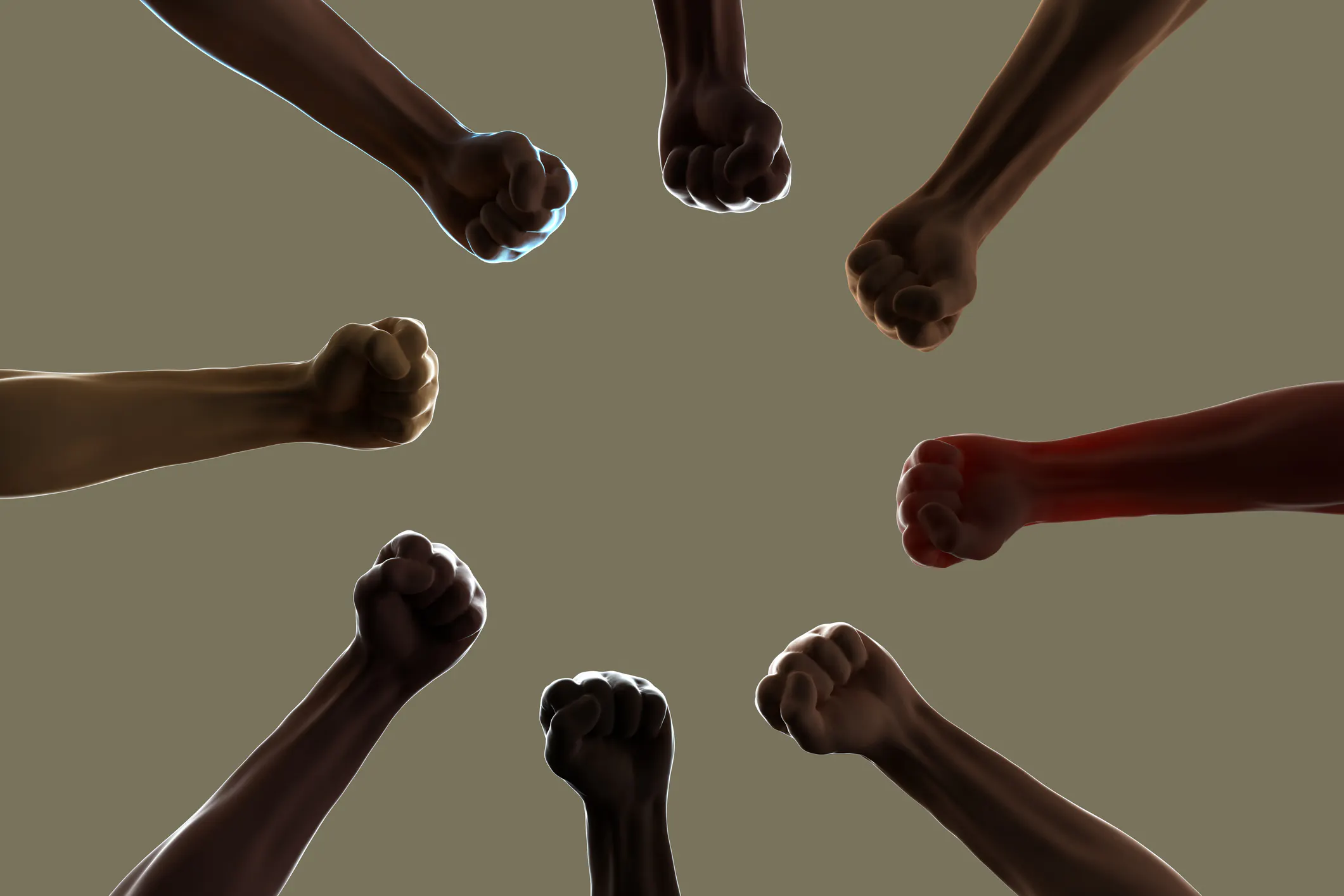 Digital generated image of multi-ethnic arms making circular pattern on beige background.