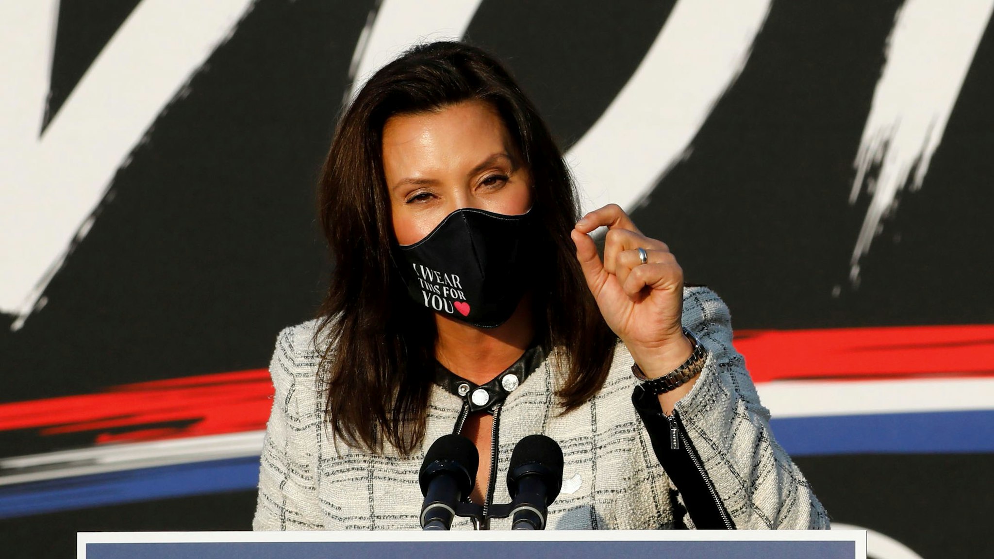 Michigan Governor Gretchen Whitmer speaks before Democratic Vice Presidential Nominee Senator Kamala Harris (D-CA) at the Detroit Pistons Practice Facility in Detroit, Michigan on September 22, 2020.