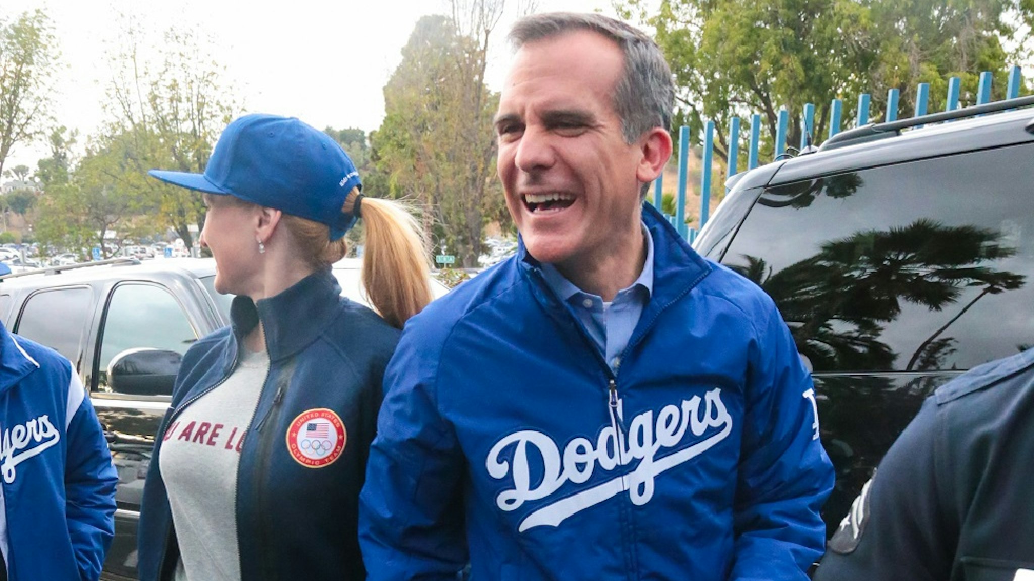 LOS ANGELES, CA - NOVEMBER 01: Eric Garcetti is seen arriving to Game 7 of the 2017 World Series between the Houston Astros and the Los Angeles Dodgers at Dodger Stadium on November 01, 2017 in Los Angeles, California.