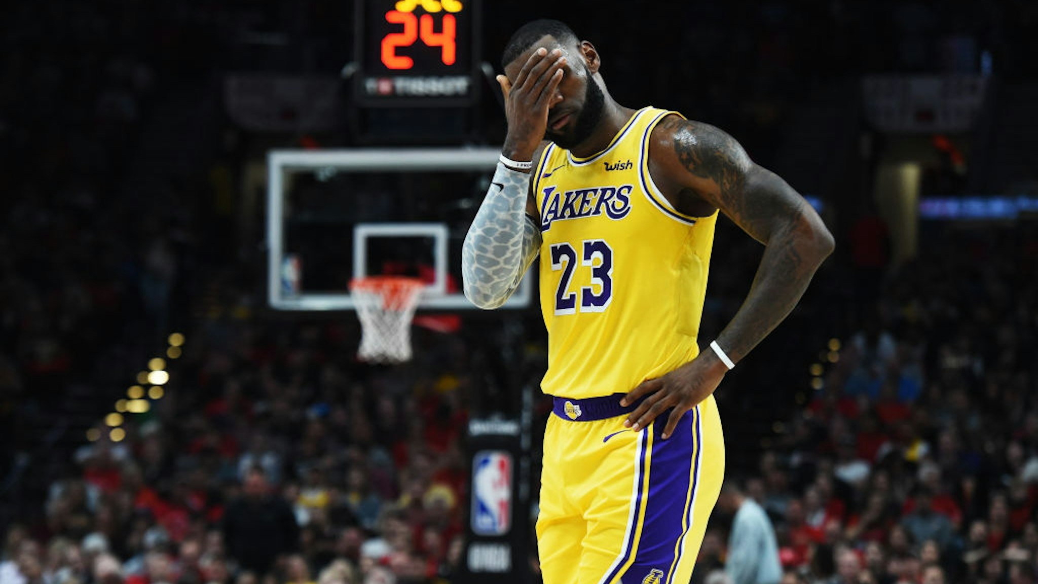 PORTLAND, OR - OCTOBER 18: LeBron James #23 of the Los Angeles Lakers reacts in the first quarter against the Portland Trail Blazers during their game at Moda Center on October 18, 2018 in Portland, Oregon. NOTE TO USER: User expressly acknowledges and agrees that, by downloading and or using this photograph, User is consenting to the terms and conditions of the Getty Images License Agreement. (Photo by Steve Dykes/Getty Images)