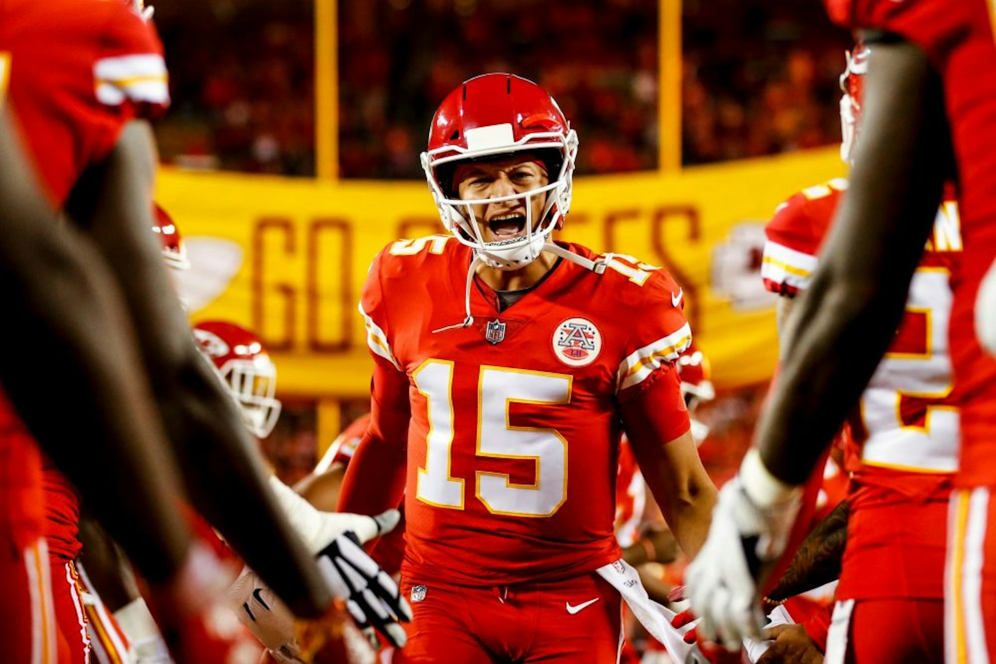 KANSAS CITY, MO - OCTOBER 21: Patrick Mahomes #15 of the Kansas City Chiefs runs through high fives from teammates during pre game introductions prior to the game against the Cincinnati Bengals at Arrowhead Stadium on October 21, 2018 in Kansas City, Kansas.