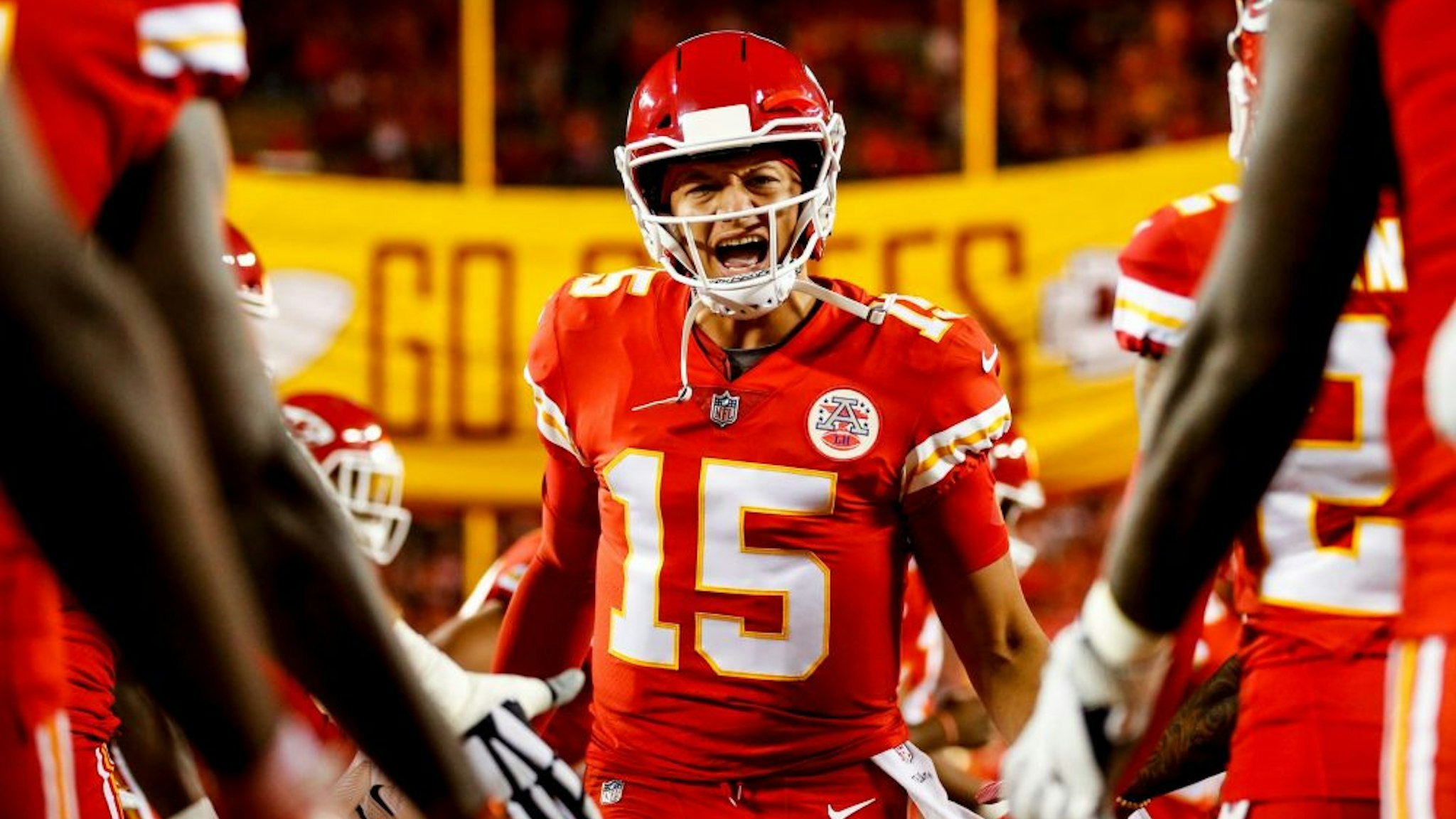 KANSAS CITY, MO - OCTOBER 21: Patrick Mahomes #15 of the Kansas City Chiefs runs through high fives from teammates during pre game introductions prior to the game against the Cincinnati Bengals at Arrowhead Stadium on October 21, 2018 in Kansas City, Kansas.