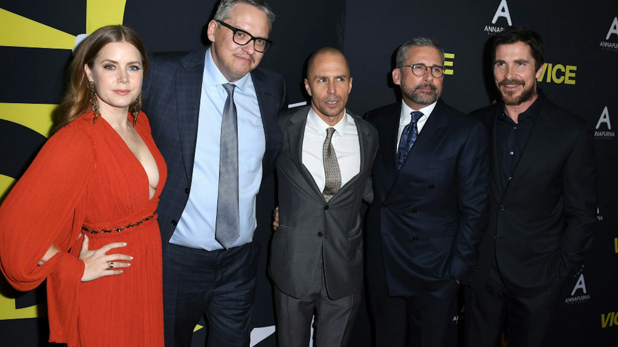 BEVERLY HILLS, CA - DECEMBER 11: (L-R) Amy Adams, Adam McKay, Sam Rockwell, Steve Carell and Christian Bale attend Annapurna Pictures, Gary Sanchez Productions and Plan B Entertainment's World Premiere of "Vice" at AMPAS Samuel Goldwyn Theater on December 11, 2018 in Beverly Hills, California. (Photo by Steve Granitz/WireImage)