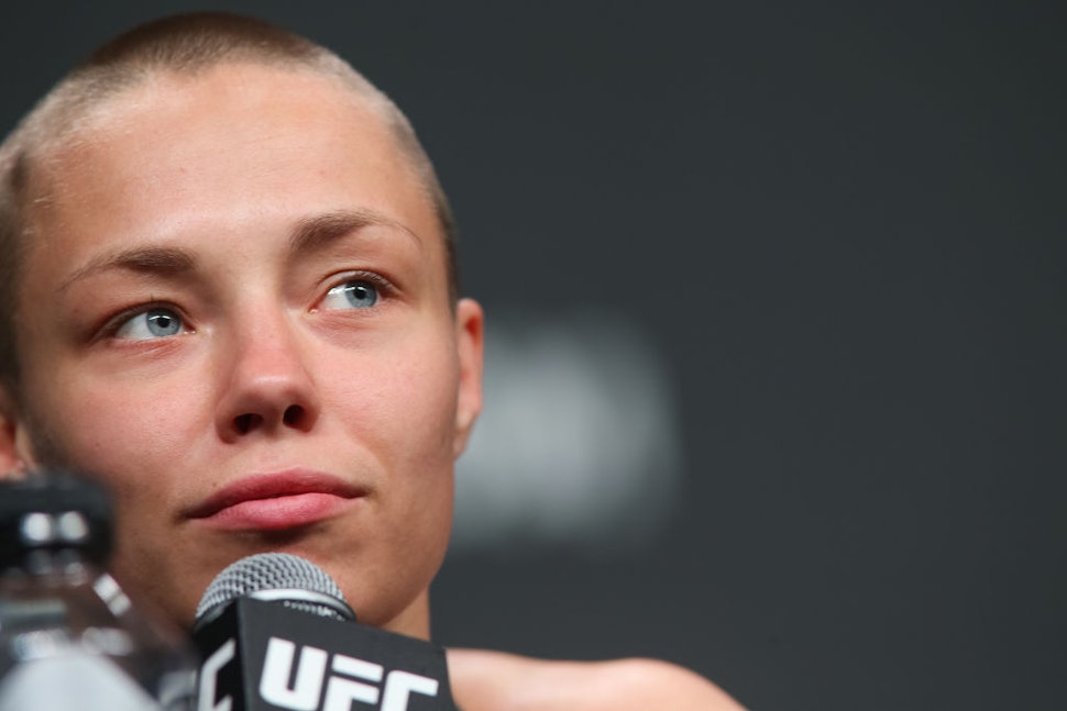 UFC women's strawweight champion Rose Namajunas speaks with media during the UFC Seasonal Press Conference at State Farm Arena on April 12, 2019 in Atlanta, Georgia.