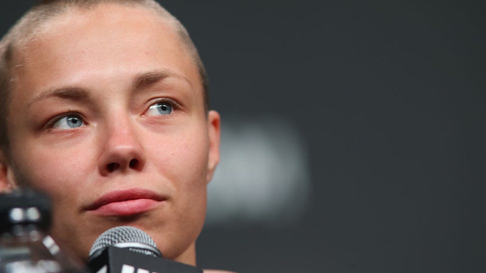 UFC Seasonal Press Conference UFC women's strawweight champion Rose Namajunas speaks with media during the UFC Seasonal Press Conference at State Farm Arena on April 12, 2019 in Atlanta, Georgia.
