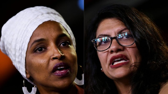 (COMBO) This combination of pictures created on August 15, 2019 shows Democrat US Representatives Ilhan Abdullahi Omar (L) and Rashida Tlaib during a press conference, to address remarks made by US President Donald Trump earlier in the day, at the US Capitol in Washington, DC on July 15, 2019. - Influential US pro-Israel lobby AIPAC on August 15, 2019 opposed Prime Minister Benjamin Netanyahu's decision to bar two Muslim American members of Congress from visiting the Jewish state."We disagree with Reps. Omar and Tlaib's support for the anti-Israel and anti-peace BDS movement, along with Rep. Tlaib's calls for a one-state solution," the American Israel Public Affairs Committee tweeted, referring to House Democrats Ilhan Omar and Rashida Tlaib, who support a boycott of Israel.