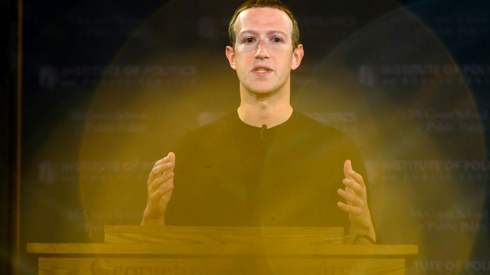 TOPSHOT - Facebook founder Mark Zuckerberg speaks at Georgetown University in a 'Conversation on Free Expression" in Washington, DC on October 17, 2019. (Photo by ANDREW CABALLERO-REYNOLDS / AFP) (Photo by ANDREW CABALLERO-REYNOLDS/AFP via Getty Images)