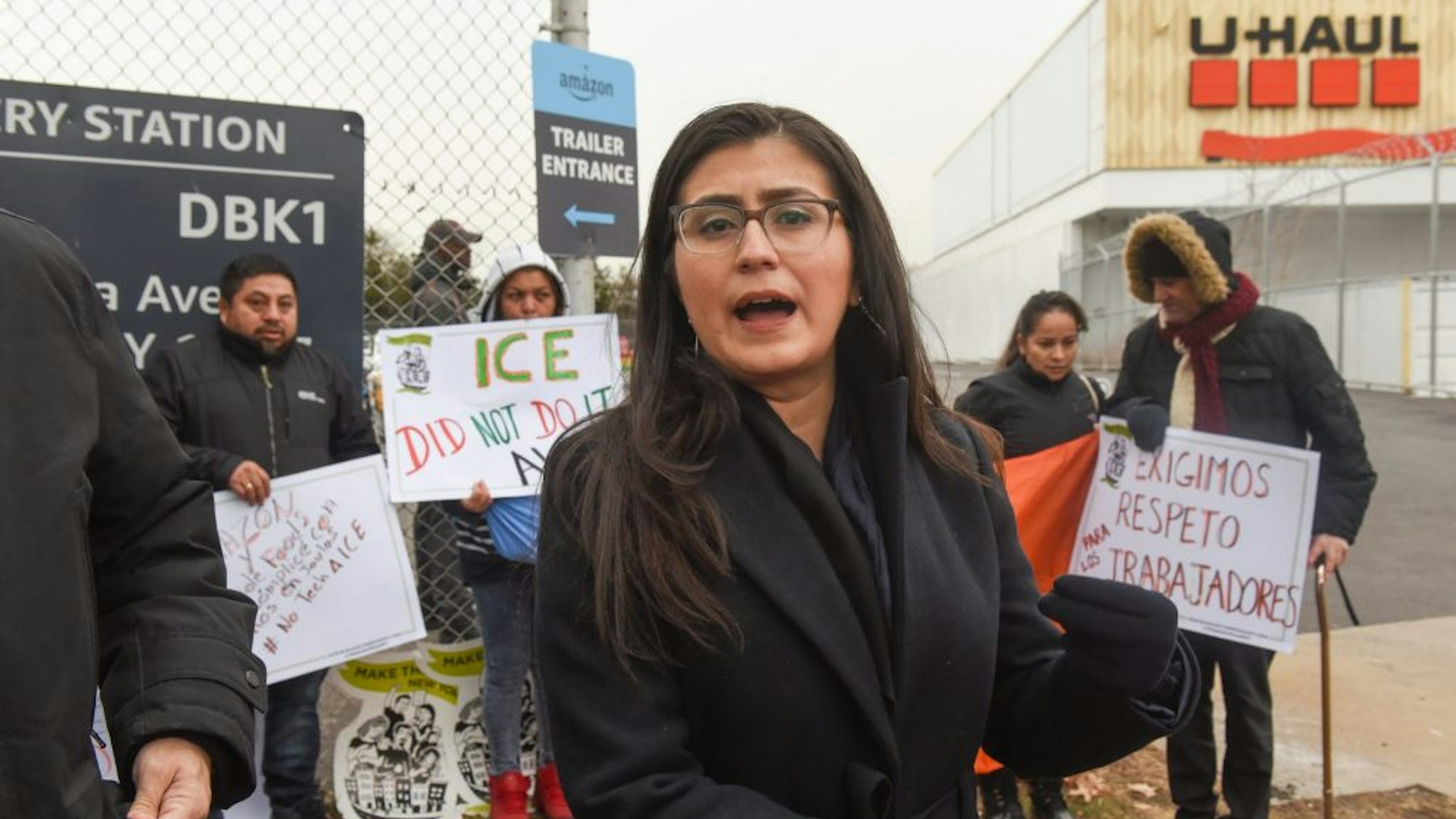 NEW YORK, NY - DECEMBER 16: State Sen. Jessica Ramos (D-NY) delivers remarks while immigrant and labor activists participate in a rally outside of a Amazon distribution center on December 16, 2019 in the Queens borough of New York City. Activists voiced concerns about the safety in the Amazon warehouse work environment. A Reveal investigation from the Center for Investigative Reporting found the rate of serious injuries for 23 facilities studied was more than double the national average for the warehousing industry.