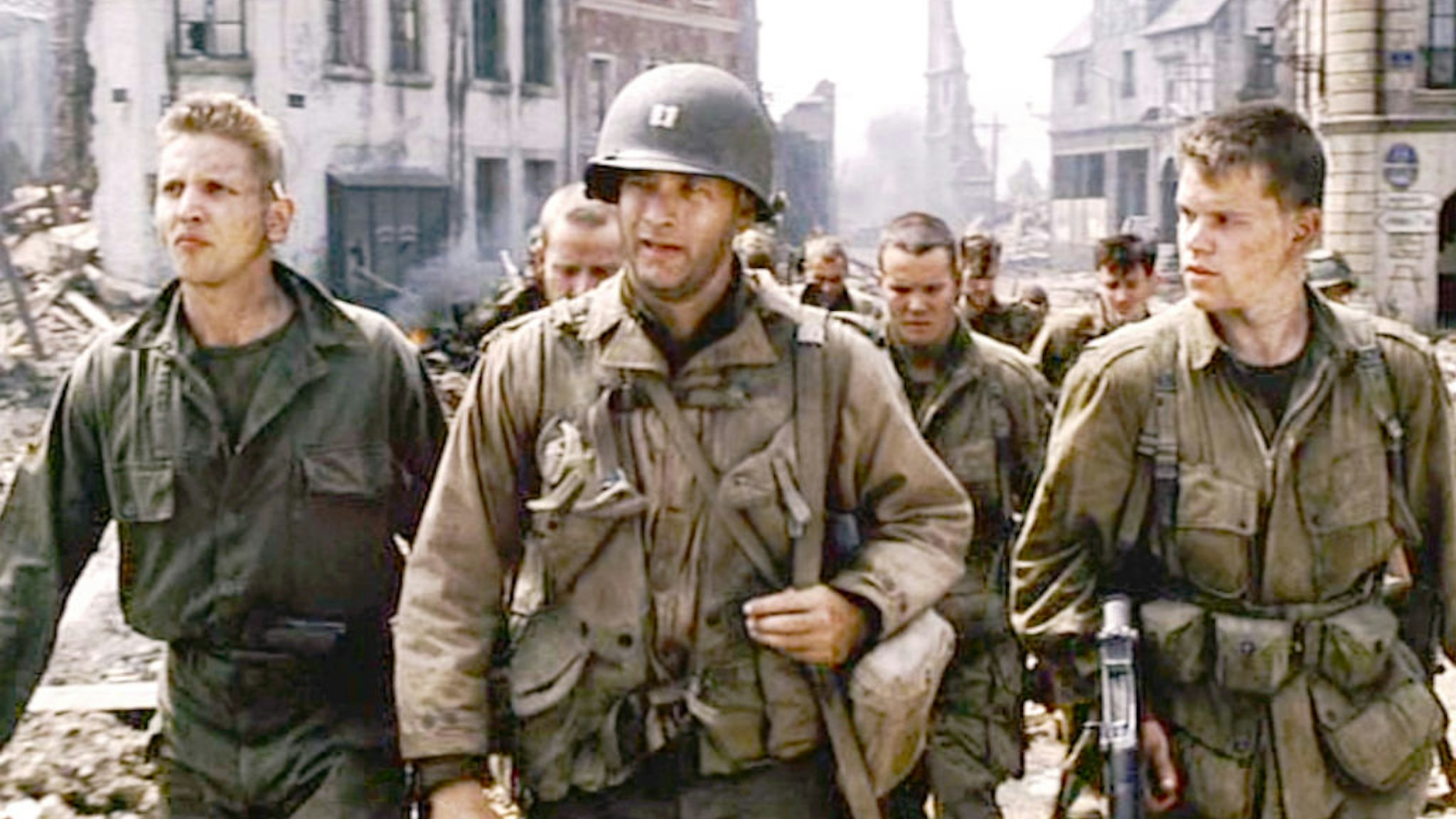 LOS ANGELES - JULY 24: The movie "Saving Private Ryan", directed by Steven Spielberg. Seen here in front, from left, Barry Pepper (as Private Jackson), Tom Hanks (as Captain John Miller), and Matt Damon (as Private James Francis Ryan). Theatrical release July 24, 1998. Screen capture. A Paramount Picture. (Photo by CBS via Getty Images)