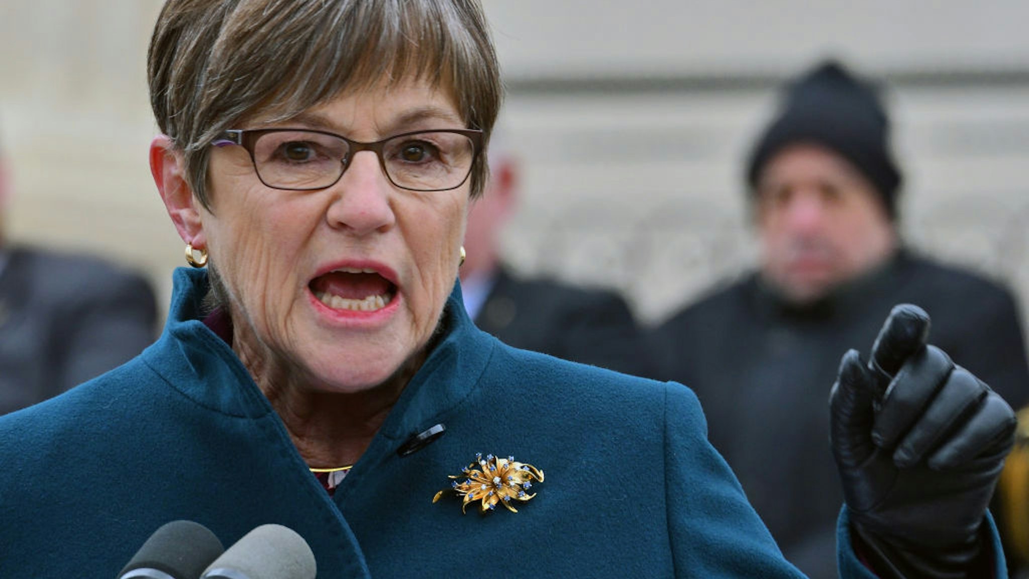 Kansas Governor Laura Kelly delivers her inaugural speech from the front steps of the Kansas State Capitol building, Topeka, Kansas January 14, 2019