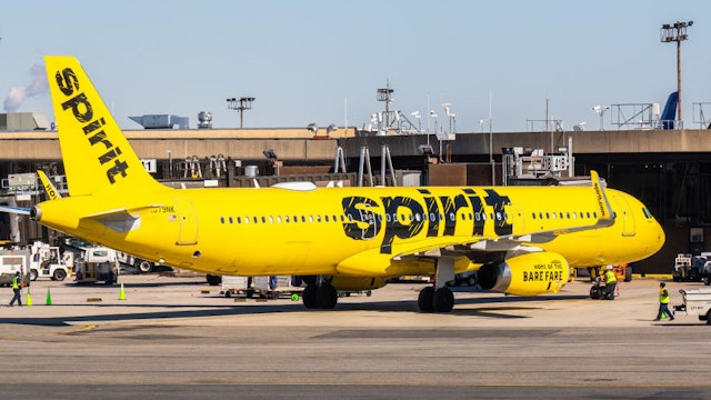 Spirit Airlines Airbus A321-200 aircraft seen at Newark Liberty International Airport.