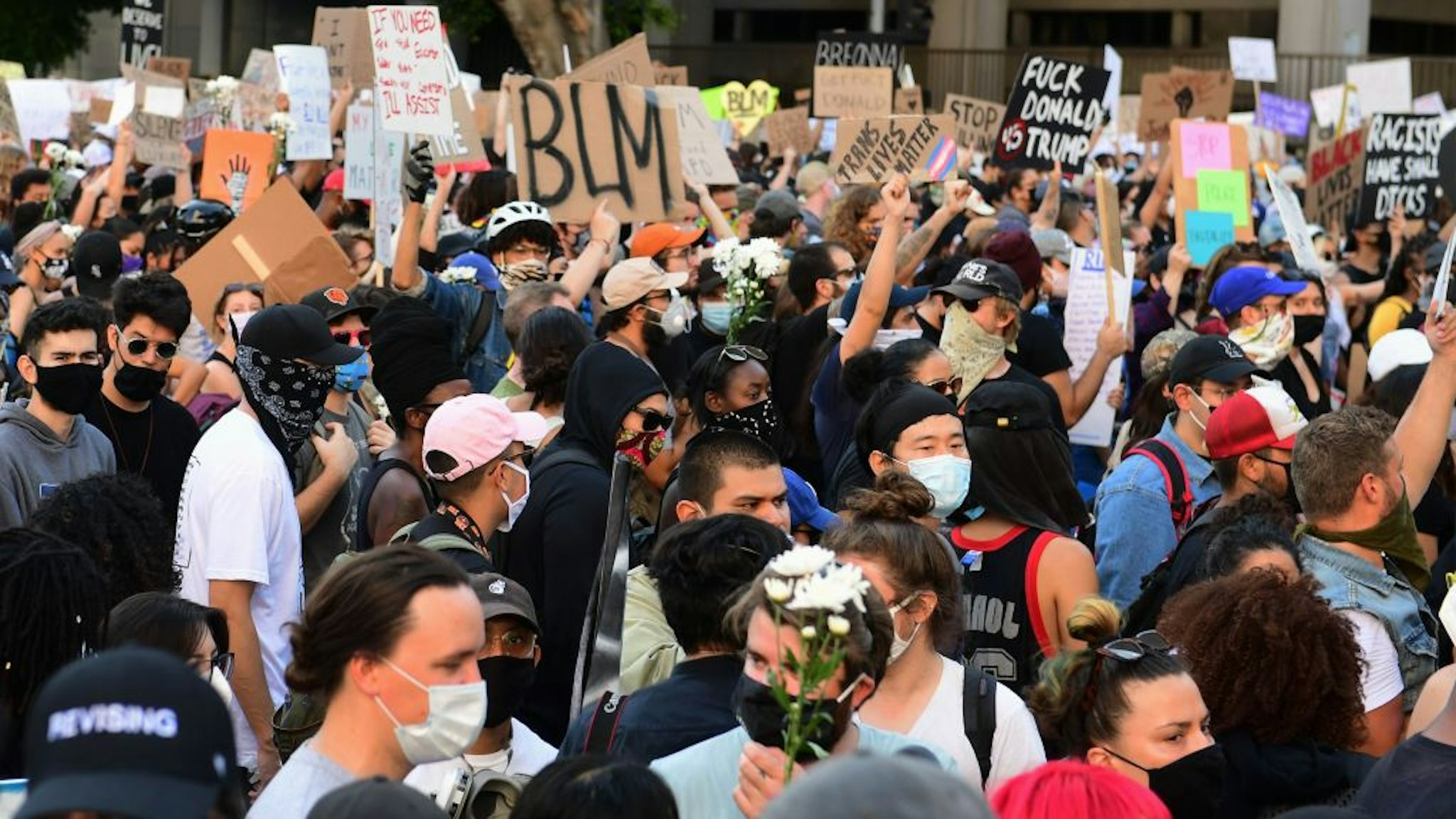 A large crowd of demonstrators rally in front of the District Attorney's office protesting the death of George Floyd, who died in police custody, on June 3, 2020 in Los Angeles.