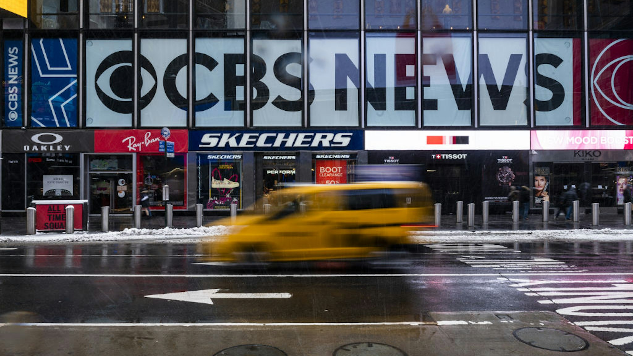 CBS News signage on the ViacomCBS headquarters during a winter storm in New York, U.S., on Friday, Feb. 19, 2021.