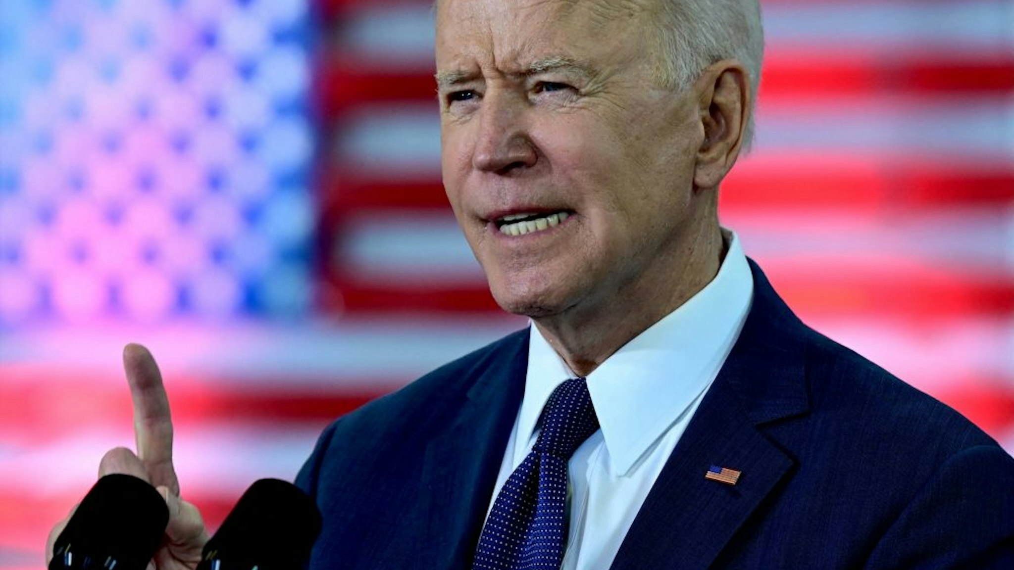 US President Joe Biden speaks in Pittsburgh, Pennsylvania, on March 31, 2021. - President Biden will unveil in Pittsburgh a $2 trillion infrastructure plan aimed at modernizing the United States' crumbling transport network, creating millions of jobs and enabling the country to "out-compete" China.
