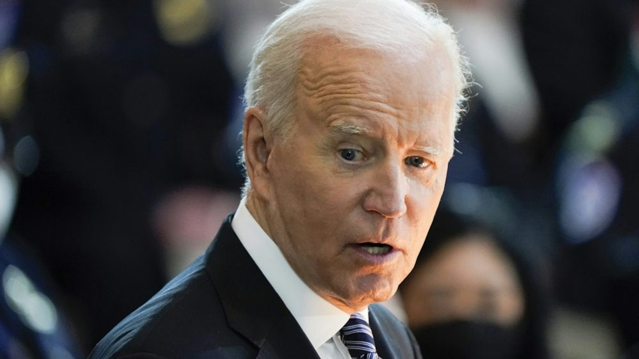 U.S. President Joe Biden speaks during a ceremony for late U.S. Capitol Police Officer William "Billy" Evans at the U.S. Capitol Rotunda in Washington, D.C., U.S., on Tuesday, April 13, 2021. Evans was slain during an attack on the Capitol perimeter on April 2 by a knife-wielding man crashing a car into a security checkpoint.