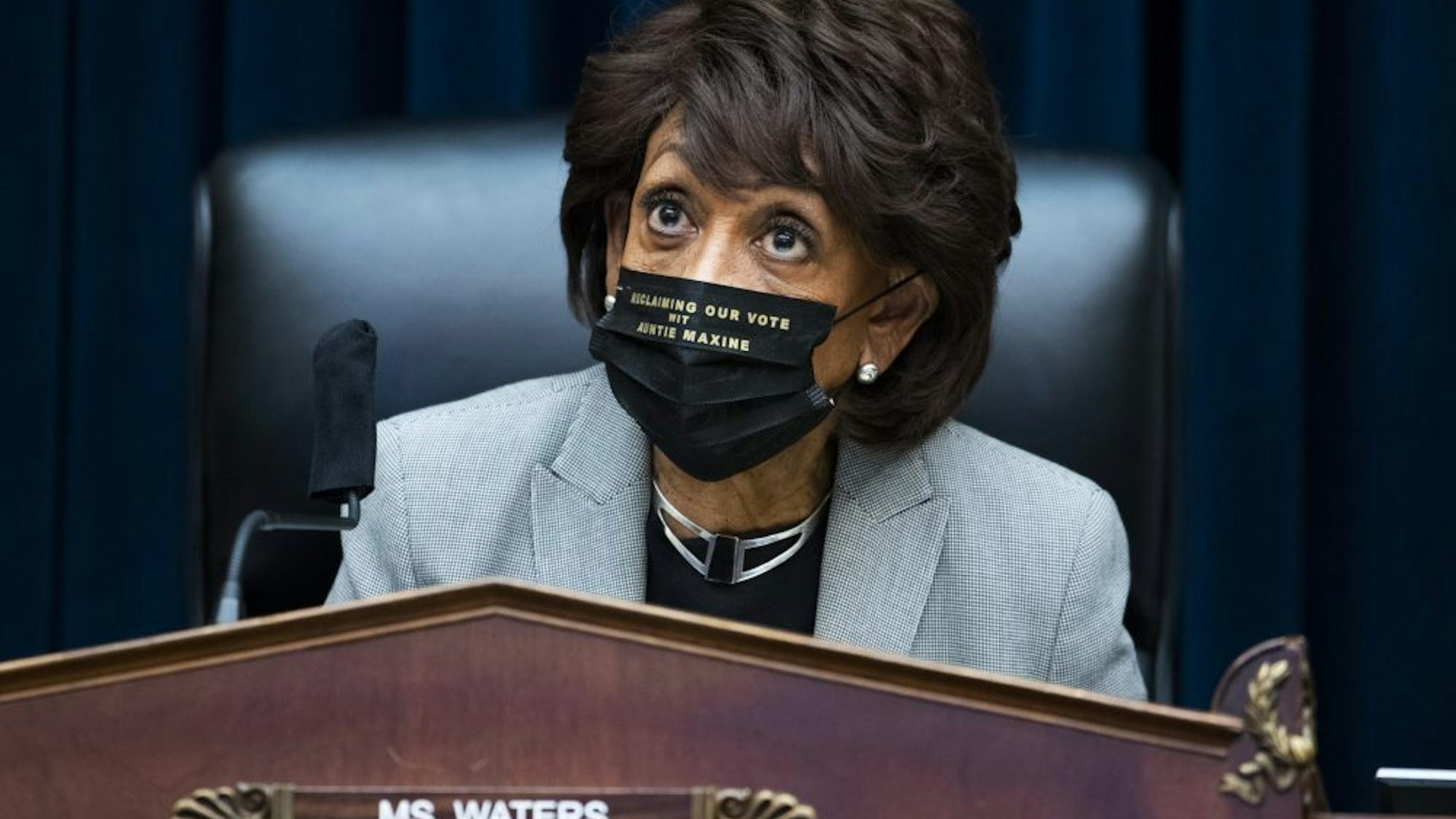 UNITED STATES - APRIL 20: Chairwoman Maxine Waters, D-Calif., arrives for a House Financial Services Committee markup in Rayburn Building on Tuesday, April 20, 2021.