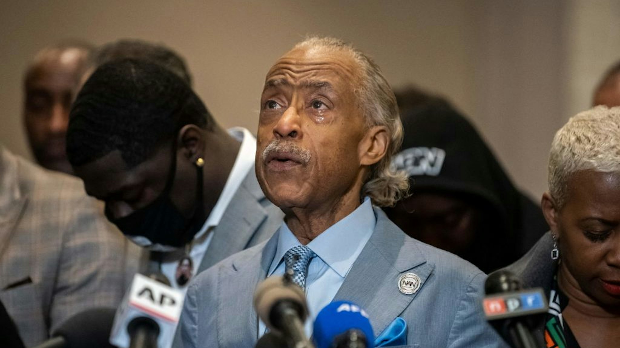 Reverend Al Sharpton cries during a press conference following the verdict in the trial of former police officer Derek Chauvin in Minneapolis, Minnesota on April 20, 2021. - Sacked police officer Derek Chauvin was convicted of murder and manslaughter on april 20 in the death of African-American George Floyd in a case that roiled the United States for almost a year, laying bare deep racial divisions. (Photo by Kerem Yucel / AFP) (Photo by KEREM YUCEL/AFP via Getty Images)