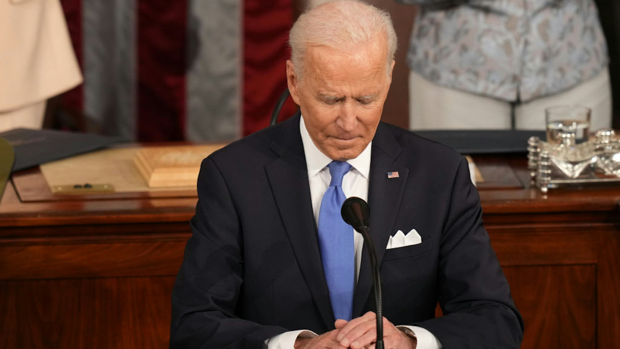 U.S. President Joe Biden pauses while speaking during a joint session of Congress at the U.S. Capitol in Washington, D.C., U.S., on Wednesday, April 28, 2021.