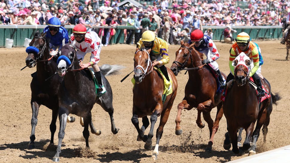HORSE RACING: APR 30 Kentucky Oaks LOUISVILLE, KY - APRIL 30: Mayfield (6) ridden by Jose Ortiz on the far outside in the blue is the winner of the 18th running of The Alysheba during Oaks Day on April 30, 2021 at Churchill Downs in Louisville, Kentucky. (Photo by Brian Spurlock/Icon Sportswire via Getty Images)