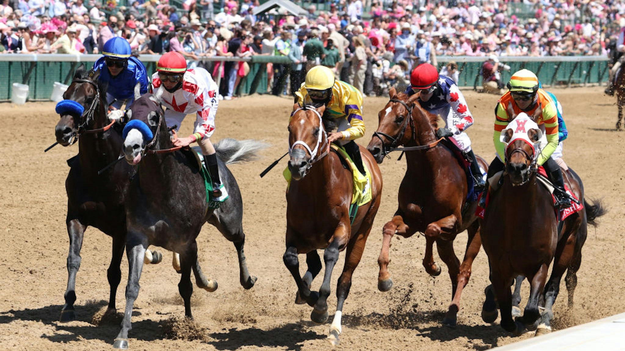 LOUISVILLE, KY - APRIL 30: Mayfield (6) ridden by Jose Ortiz on the far outside in the blue is the winner of the 18th running of The Alysheba during Oaks Day on April 30, 2021 at Churchill Downs in Louisville, Kentucky. (Photo by Brian Spurlock/Icon Sportswire via Getty Images)