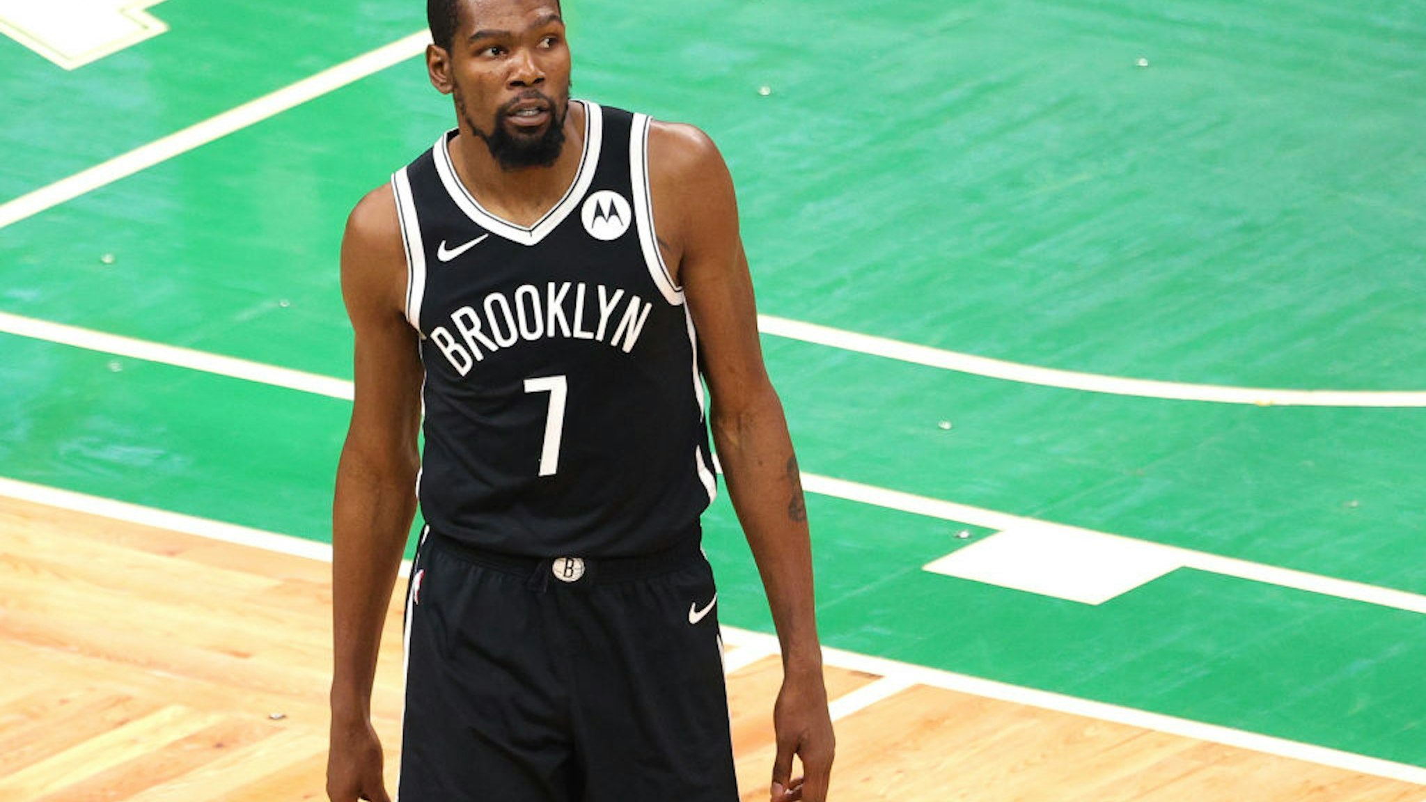BOSTON, MASSACHUSETTS - DECEMBER 18: Kevin Durant #7 of the Brooklyn Nets looks on during the preseason game between the Nets and the Boston Celtics at TD Garden on December 18, 2020 in Boston, Massachusetts. NOTE TO USER: User expressly acknowledges and agrees that, by downloading and or using this photograph, User is consenting to the terms and conditions of the Getty Images License Agreement. (Photo by Maddie Meyer/Getty Images)