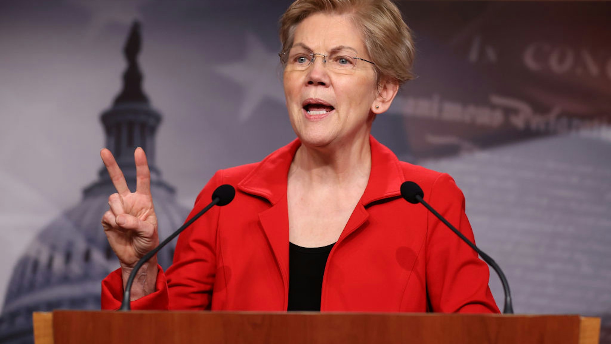 Sen. Elizabeth Warren (D-MA) holds a news conference to announce legislation that would tax the net worth of America's wealthiest individuals at the U.S. Capitol on March 01, 2021 in Washington, DC.