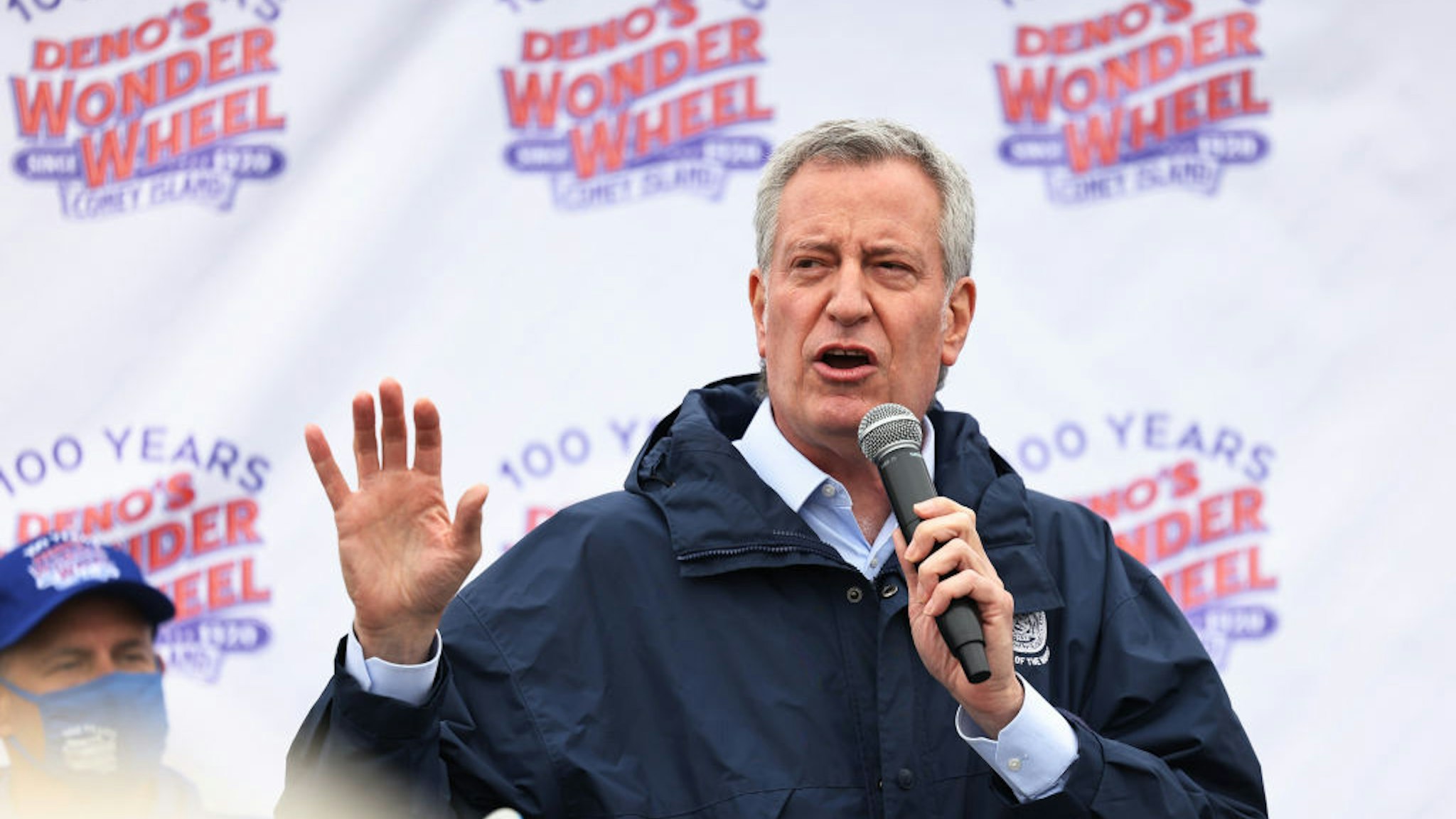 NYC Mayor Bill de Blasio speaks during a Coney Island parks reopening event in the Coney Island neighborhood of Brooklyn borough on April 09, 2021 in New York City.