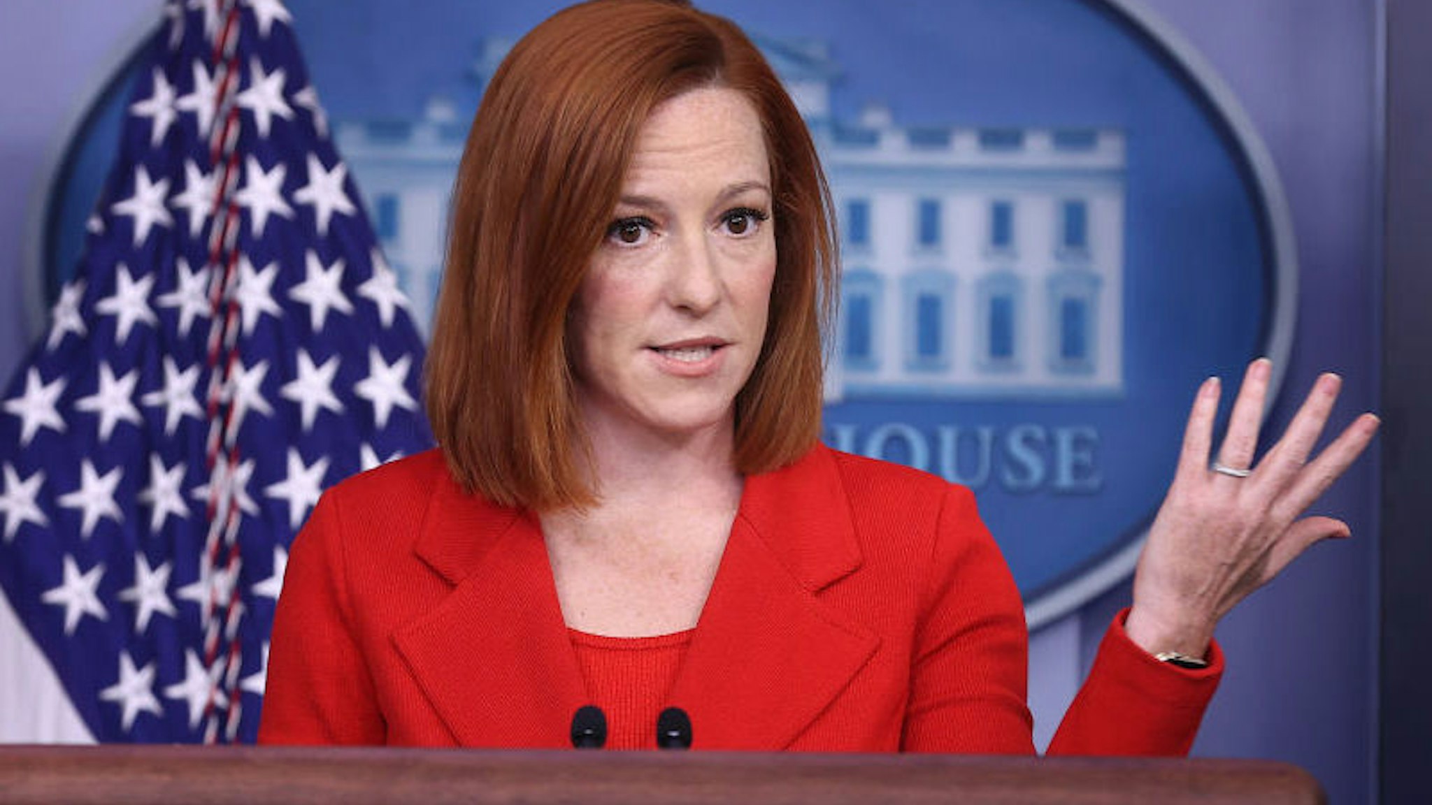 White House Press Secretary Jen Psaki talks to reporters during the daily news conference in the Brady Press Briefing Room at the White House on April 12, 2021 in Washington, DC.