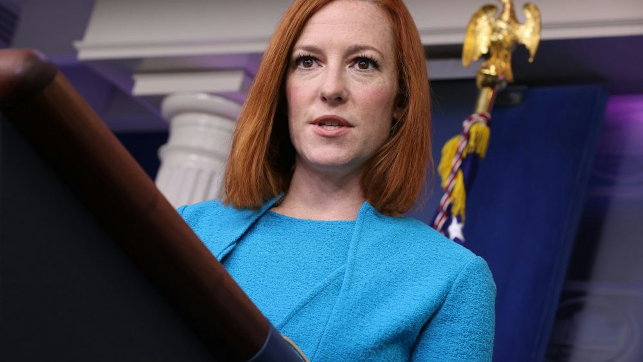 WASHINGTON, DC - APRIL 15: White House Press Secretary Jen Psaki talks to reporters during the daily news conference in the Brady Press Briefing Room at the White House on April 15, 2021 in Washington, DC. Psaki fielded questions about President Joe Biden's decision to withdraw U.S. forces from Afghanistan, the pause in distribution of the Johnson &amp; Johnson COVID-19 vaccine and other topics.