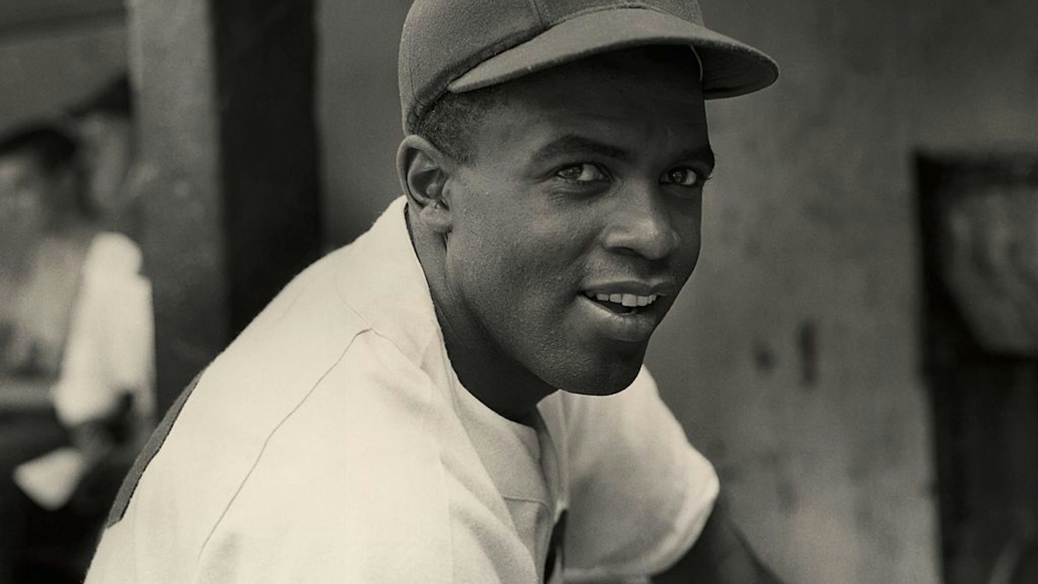 circa 1945: A portrait of the Brooklyn Dodgers' infielder Jackie Robinson in uniform. (Photo by Hulton Archive/Getty Images)