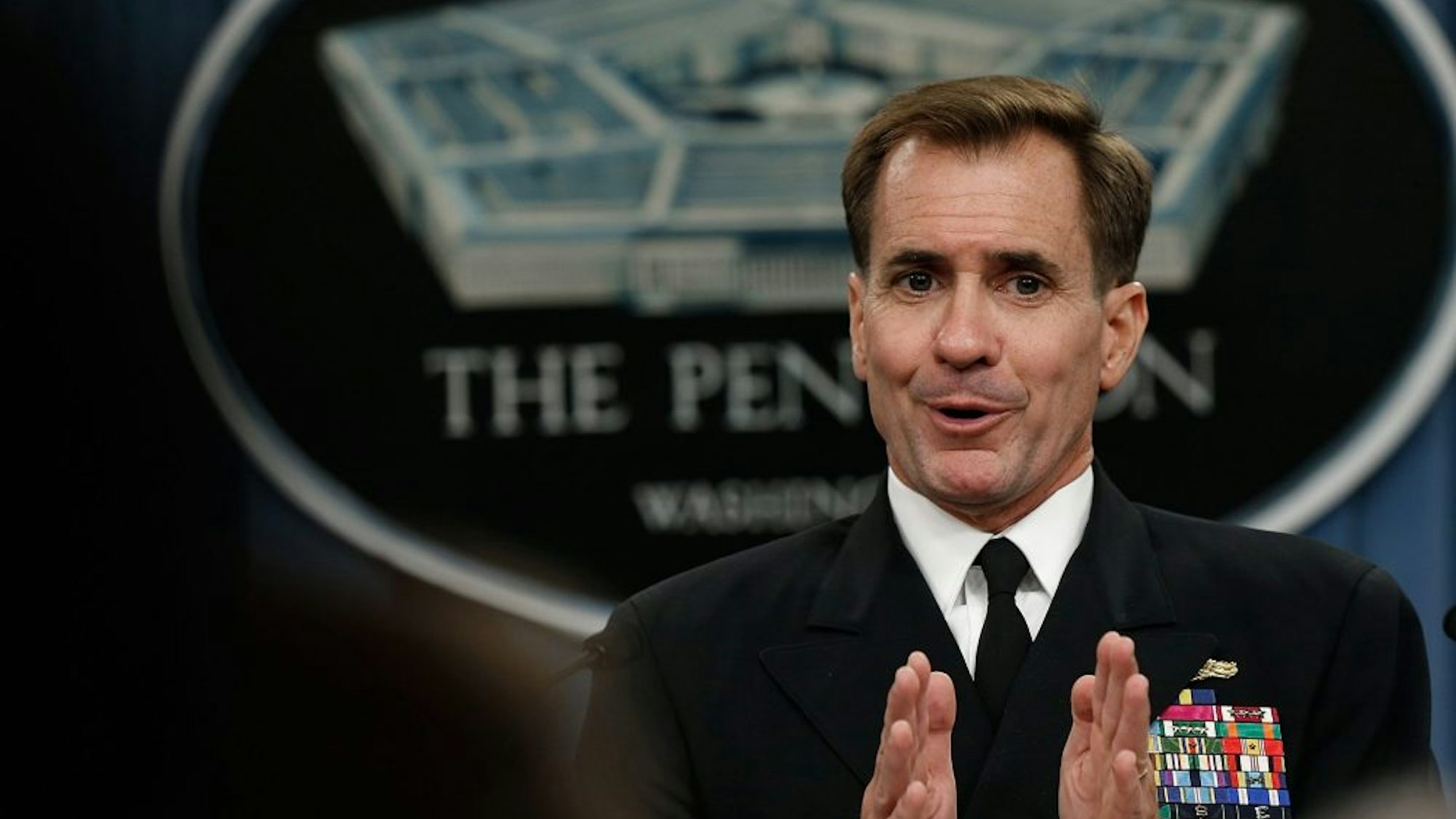 ARLINGTON, VA - SEPTEMBER 02: Pentagon Press Secretary Rear Adm. John Kirby answers questions at the Pentagon September 2, 2014 in Arlington, Virginia. Kirby commented on the current situation in Iraq, Ukraine, and a recent operation by U.S. forces in Somalia.