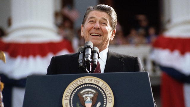 President Ronald Reagan, campaigning for a second term of office, smiles during a rally speech at the California State Capitol the day before the 1984 presidential election. (Photo by © Wally McNamee/CORBIS/Corbis via Getty Images)