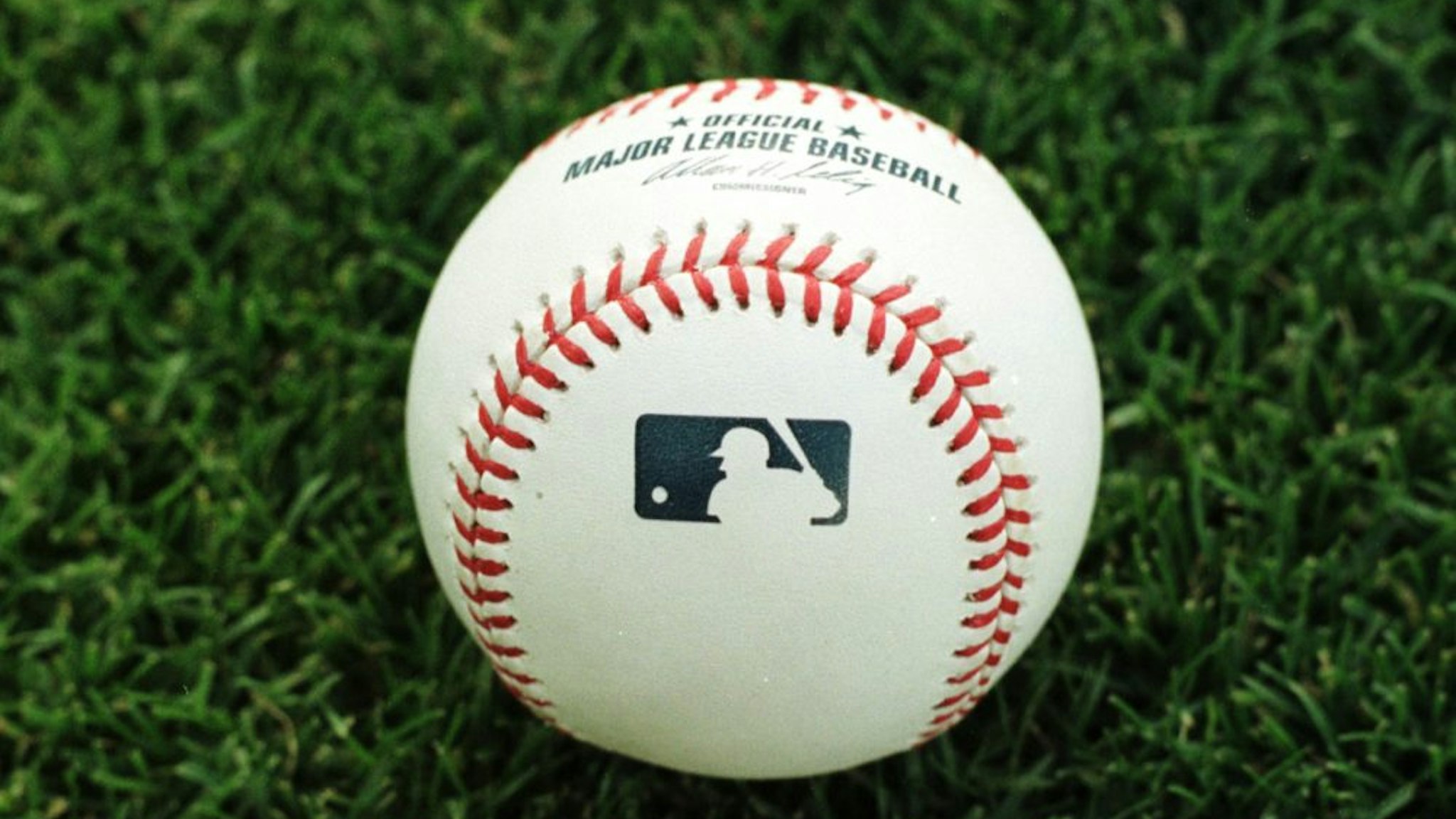 ANAHEIM - APRIL 24: A close-up picture shows one of the new Major League Baseball official game balls lying on the grass during the Detroits Tigers game against the Anaheim Angels on April 24, 2000 at Edison Field in Anaheim, California.
