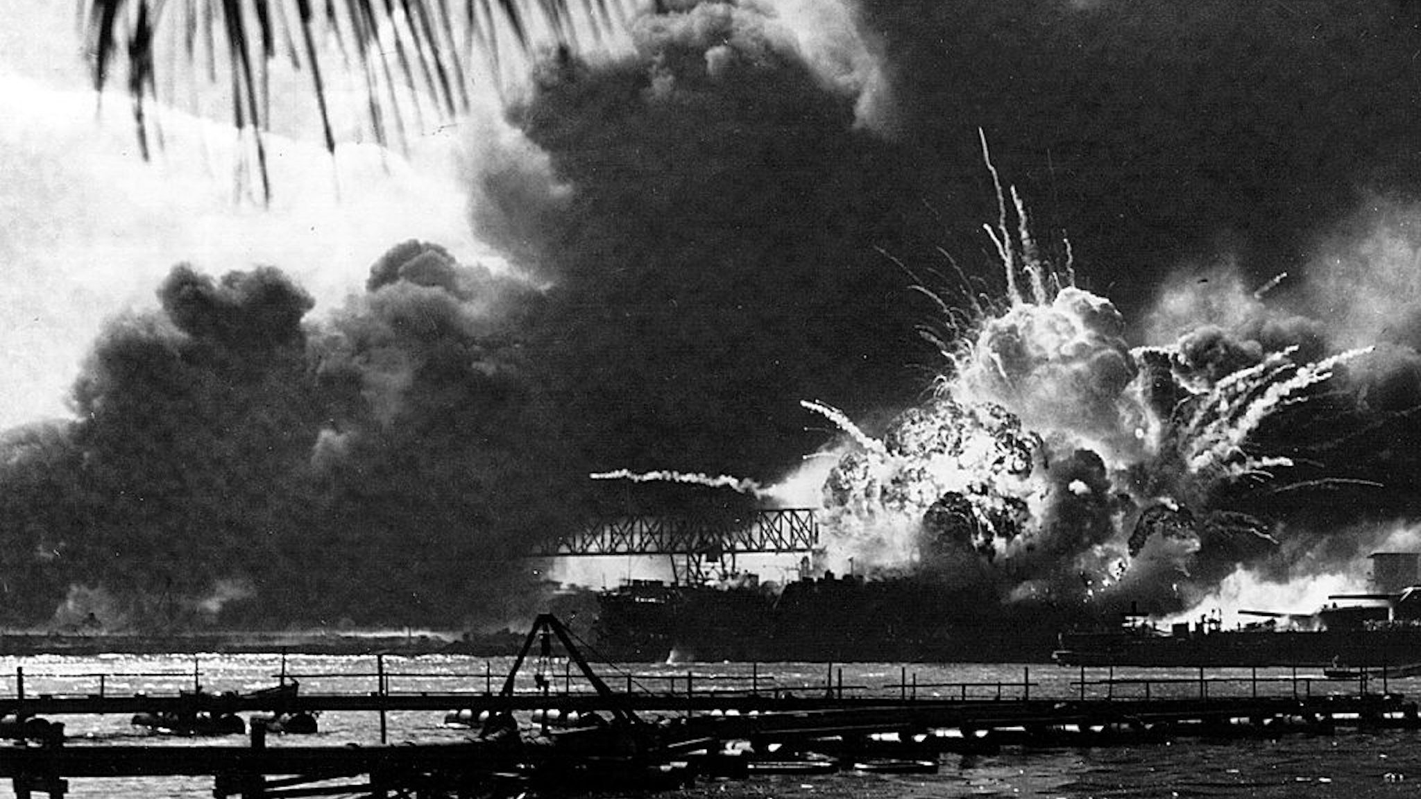 The USS Shaw explodes during the Japanese raid on Pearl Harbor December 7, 1941.
