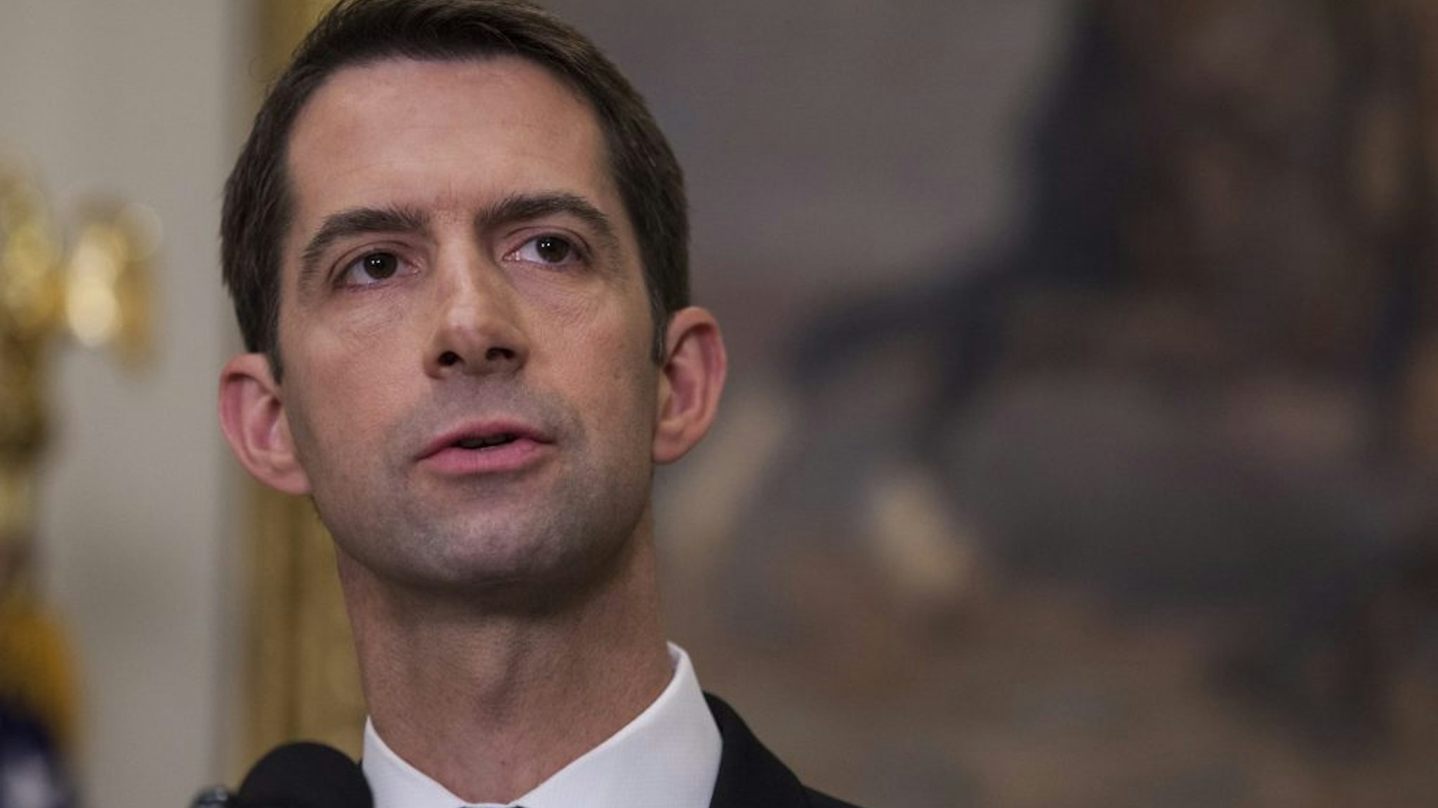 WASHINGTON, DC - AUGUST 2: (AFP OUT) Sen. Tom Cotton (R-AR) makes an announcement on the introduction of the Reforming American Immigration for a Strong Economy (RAISE) Act in the Roosevelt Room at the White House on August 2, 2017 in Washington, DC. The act aims to overhaul U.S. immigration by moving towards a "merit-based" system.