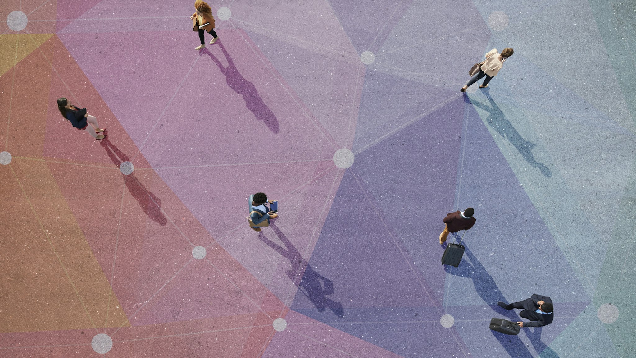 Top view of people walking in different directions of pattern, painted on asphalt - stock photo