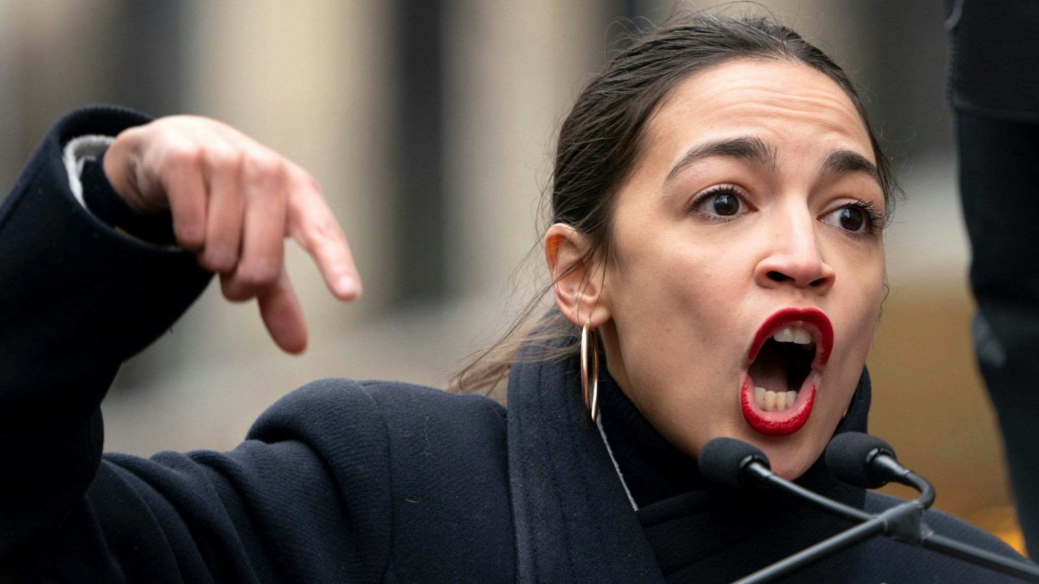 US Representative Alexandria Ocasio-Cortez (D-NY) speaks during the Women's March in New York on January 19, 2019.