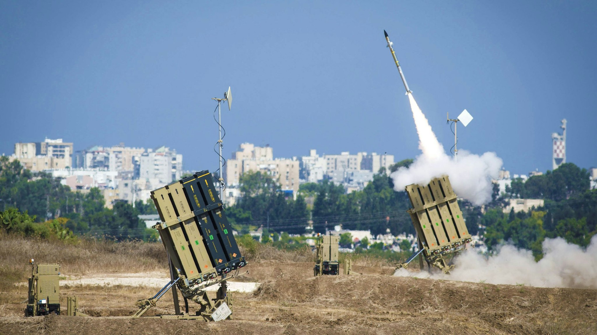 ASHDOD, ISRAEL - JULY 08: The Iron Dome air-defense system fires to intercept a rocket over the city of Ashdod on July 8, 2014, in Ashdod, Israel. Due to recent escalation in the region, the Israeli army started new deployments at the border with the Gaza Strip. In the past 3 weeks more then 130 rockets where reportedly fired from Gaza into Israel.